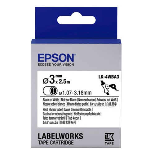 Epson LK-4WBA3 LabelWorks Tape - 3mm Black on White Tape, Heat Shrink, DIA.3