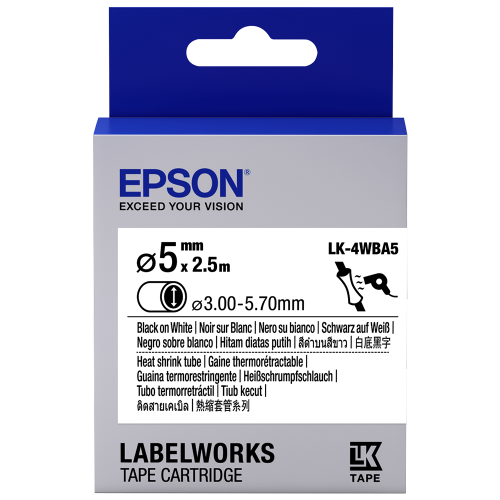 Epson LK-4WBA5 LabelWorks Tape - 5mm Black on White, Heat Shrink, DIA.5