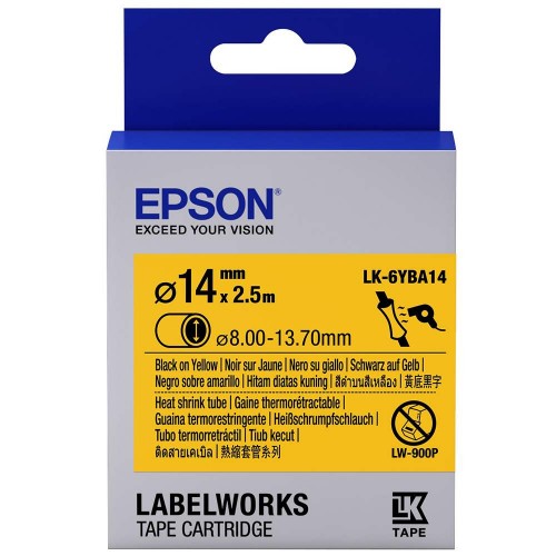 Epson LK-6YBA14 LabelWorks Tape - 14mm Black on Yellow, Heat Shrink Tape