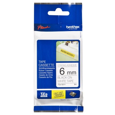 Brother TZe-S211 Black on White (6mm) Strong Adhesive Tape