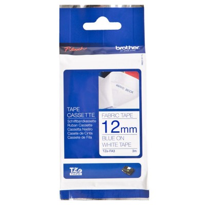 Brother TZe-FA3 Blue on White (12mm) Iron on Fabric Tape