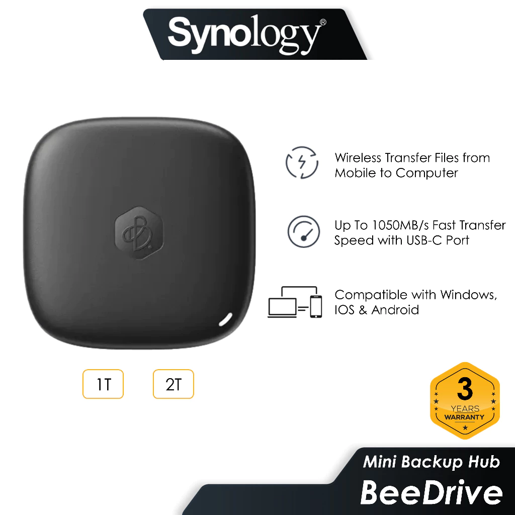 Synology BeeDrive BDS70-1T 1TB Mini Data Backup Hub For Computer & Mobile with Wireless Transfer & Speed Up to 1050MB/s with USB-C
