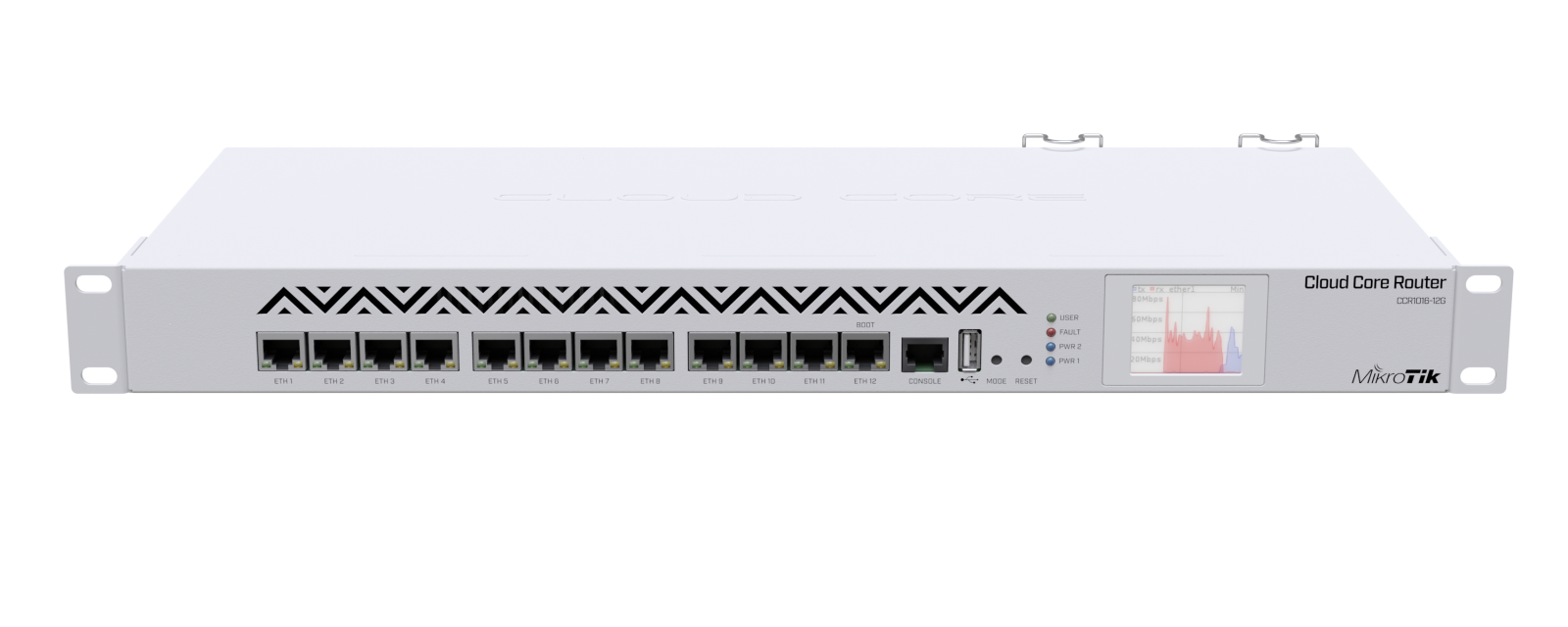 Mikrotik CCR1016-12G 1U rackmount, 12x Gigabit Ethernet, LCD, 16 cores x 1.2GHz CPU, 2GB RAM, 17.8mpps fastpath, Up to 12Gbit/s throughput, RouterOS L6, Dual PSU