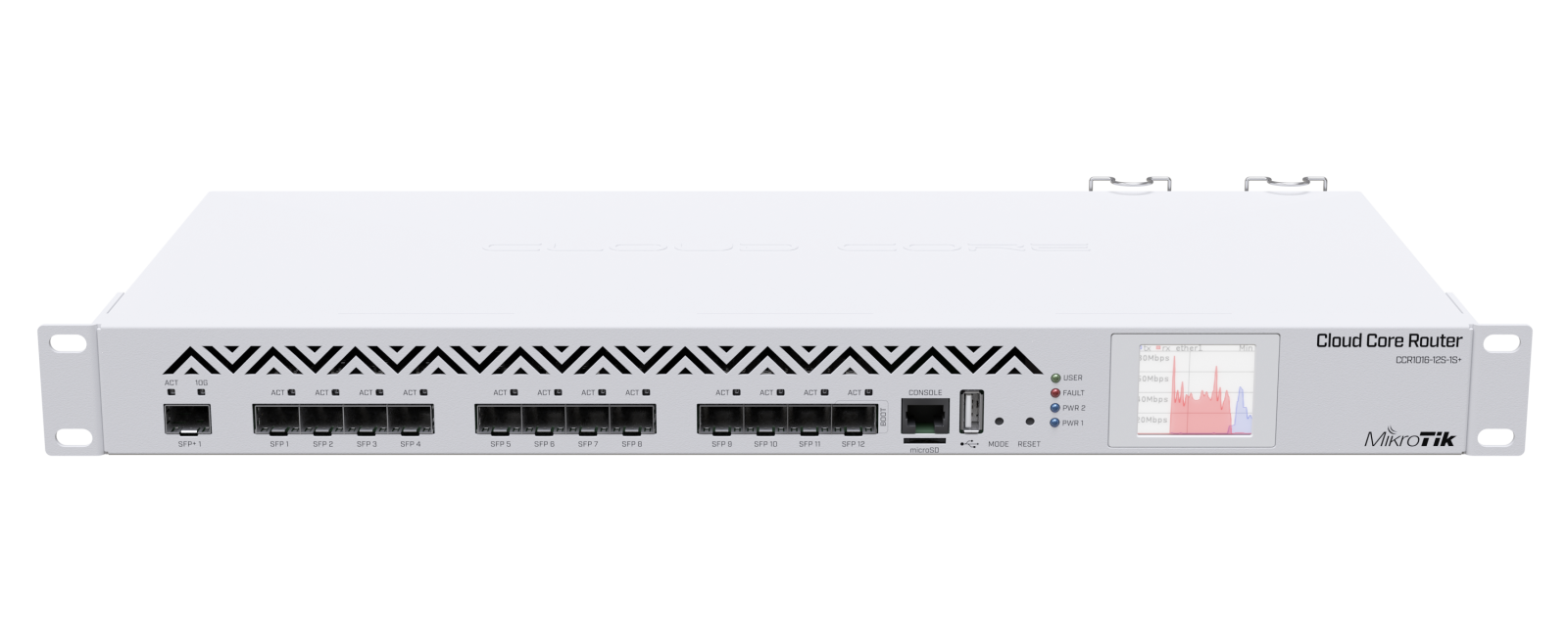 Mikrotik CCR1016-12S-1S+ 1U rackmount, 12xSFP cage, 1xSFP+ cage, 16 cores x 1.2GHz CPU, 2GB RAM, LCD panel, Dual Power supplies, RouterOS L6
