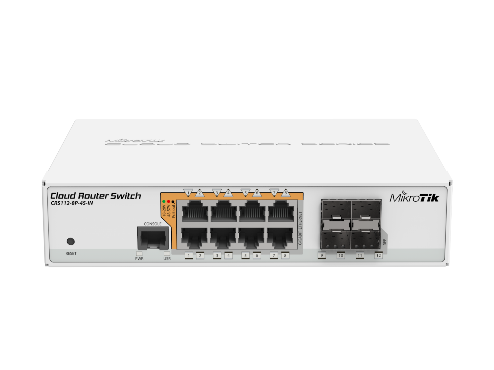 Mikrotik CRS112-8P-4S-IN 8x Gigabit Ethernet Smart Switch with PoE-out, 4x SFP cages, 400MHz CPU, 128MB RAM, desktop case, RouterOS L5